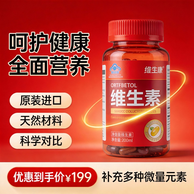 画面以红色为主色调，核心位置是带红色瓶盖的维生素瓶，左侧醒目呈现加粗黑体标题“呵护健康 全面营养”，三个卖点清晰排列，底部通栏区域左侧是红色的“优惠到手价¥199”标签，右侧标注“补充多种微量元素”，预览效果