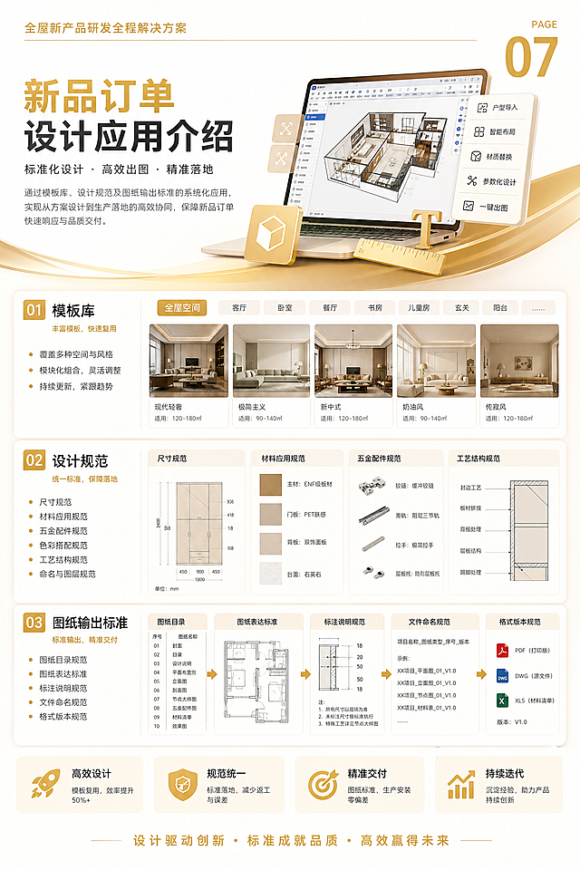全屋新产品研发全程解决方案
一体化设计思维

设计服务定位
专为中小规模全屋定制工厂量身打造，精准解决新品研发无体系、场景单一、工艺非标、物料混乱、落地易错、销售无抓手、宣传无素材七大核心痛点。打造可量产、好落地、易销售、低成本的标准化新品套系，适配中小工厂产能、设备、渠道及中端刚需市场定位。
适用对象：产能中等、设备常规，主打大众刚需、中端家装市场的中小全屋定制生产工厂。
核心目标：打通新品研发全流程标准化，统一工艺、物料、设计、销售、宣传标准，大幅降低工厂试错成本、生产损耗、设计出错率，全面提升产品市场竞争力与终端客户成交率。

新产品设计开发导向（核心：精准定位、体系化、可量产）
前期市场调研与定位
聚焦下沉市场、刚需及改善型家装需求，规避高端小众、高成本、高工艺难度产品。调研本地家装流行风格、竞品主流产品、客户预算及户型痛点，结合工厂现有产能、设备、供应链资源，锁定新品风格、定价、受众及核心卖点。遵循风格主流化、结构通用化、配件标准化、成本可控化、库存轻量化原则，适配小批量、多订单的柔性生产模式。
套系风格与品类规划
核心布局四大主流热销套系：奶油风、极简轻奢、现代简约、原木风，可按需新增新中式、灰调极简等地域特色风格。全品类覆盖入户、客厅、卧室、书房、阳台、厨房、护墙板等全屋定制产品。每套系专属配色、线条、造型、拉手及收口工艺，打造差异化产品标识，同时保留10%-20%可调模块，兼顾标准化与客户个性化需求。
产品结构模块化研发
采用通用基础模块+专属造型模块研发模式，柜体、层板、收口、五金孔位全工厂通用，有效降低生产损耗、精简库存、提升产能；专属门板与装饰件区分套系风格，保障产品差异化。落地输出全套产品图库、尺寸库、禁忌尺寸表、结构优化手册，适配常规及异形户型微调。

新品生活场景应用（核心：贴合人居需求、场景化落地、适配全户型）
生活场景适配规划
摒弃纯颜值化设计，围绕家庭真实生活动线、收纳痛点、居住习惯，打造八大沉浸式全屋场景：玄关收纳、客餐厅整体、卧室休憩收纳、儿童房成长、书房办公、阳台家政、厨房烹饪、整屋护墙板场景。以刚需收纳、空间扩容、动线流畅、极简整洁为核心，针对性解决小户型拥挤、收纳不足、梁柱遮挡、精装房尺寸受限等居住难题。
客户群体与户型场景适配
精准适配各类户型与人群：刚需小户型主打极致收纳、紧凑布局；改善户型主打极简大气、分区收纳；精装房主打无损适配、微调定制；亲子家庭主打安全圆角、成长型收纳；独居人群主打简约通透、功能一体化。输出标准化场景方案，附带尺寸适配、功能亮点，供终端快速套用，缩短设计周期。

新品生产工艺标准（核心：标准化、易生产、低损耗、零返工）
基础生产工艺统一标准
适配中小工厂常规生产设备，制定全流程标准化工艺参数，无需高端精密设备，普通工人即可规范操作。统一开料公差、PUR/激光封边、打孔精度、拼接缝隙、收口打磨、拼装调平、隐形件、免拉手、拉直器等核心工艺规范，杜绝人工操作差异导致的质量问题。
套系专属工艺与禁忌规范
各套系匹配专属特色工艺：奶油风圆弧倒角、原木风哑光免漆、轻奢金属嵌条、极简无拉手工艺等，塑造产品差异化。明确各套系工艺禁忌、易错工序、异形生产限制，从源头规避产品报废、安装返工问题，适配工厂工艺能力。
质检与验收工艺标准
落地全套生产工艺手册、工序质检表、成品验收标准、安装规范，实现生产、质检、安装全环节标准化管控，大幅降低售后故障率。

新品物料及配置标准（核心：性价比、标准化、易采购、可替换）
核心基材选型与标准
搭建刚需款、品质款、升级款三档分级基材体系，适配不同客户预算。明确颗粒板、多层板、欧松板、生态板等主流基材的环保等级、规格参数、适用场景及优劣特性。优先选用货源稳定、高性价比、高认可度的主流材质，小众材质仅做升级选配，减轻采购与库存压力。
产品花色与配色标准
每套系固定3-5款标配核心花色、2-3款升级花色，统一全屋配色体系。规范哑光、柔光、肤感、木纹等饰面的适用场景与性能标准，固定柜体、门板、收口、配件的搭配方案，杜绝终端配色混乱，保障产品整体颜值统一。
五金、配件及功能配置标准
设立标配、升级、高端三档五金配置，明确铰链、滑轨、拉手、灯带等全系配件的品牌、规格与安装标准。统一封边条、胶水、螺丝等辅材规格，实现物料通用化，批量采购降低生产成本。
物料清单标准化输出
落地全套BOM物料清单、材质配置、花色搭配、物料替换、采购标准手册，支撑工厂快速备货、精准核价、高效报价。

新品订单设计应用（核心：快设计、零出错、可落地）
标准化设计模板库搭建
搭建酷家乐、三维家全套设计模板库，涵盖全屋整案、单空间、单品、户型适配各类模板。终端设计师可直接调用、微调参数即可出图，大幅提升出图效率。所有模板严格贴合生产工艺、结构、物料标准，杜绝设计无法落地、尺寸冲突等问题。
订单设计规范与禁忌
统一尺寸、结构、配色、五金、收口全维度设计约束，明确常规、极限、异形定制规则。整理高频设计易错点，形成自查手册，规避梁柱避让失误、尺寸超标、五金冲突、搭配违规等问题。
图纸输出与对接标准
统一效果图、施工图、拆单图、孔位图、物料清单输出标准，打通设计与生产对接链路，简化图纸复杂度，减少拆单误差与生产返工。

新品销售卖点与话术（核心：好理解、易成交、差异化）
产品核心卖点提炼（分层级）
基础卖点：环保材质、标准工艺、稳固耐用、科学收纳、全屋统一、高性价比；差异化卖点：专属颜值、模块化收纳、全户型适配、低损耗量产、低售后、精细极简工艺；场景卖点：小户型扩容、亲子安全、家政省心、空间利用率最大化，直击居家核心痛点。
分级销售话术体系
适配导购、设计师、业务员全岗位，涵盖接待、材质、工艺、场景价值、竞品对比、逼单成交全套话术。语言通俗、去专业化，聚焦客户关注的环保、耐用、收纳、颜值、性价比、售后六大核心需求，快速打动客户。
常见异议应对话术
覆盖价格、材质、工艺、工期、竞品对比等常见异议的标准化应对话术，破解终端销售卡点，有效提升成交率。

新品宣传策略（核心：可视化、专业化、易传播）
宣传画册核心内容规划
适配工厂招商、门店谈单、客户选材，支持纸质+电子双场景传播。内容涵盖品牌简介、套系风格展示、全屋场景效果、单品细节、材质花色、工艺特写、五金配置、卖点解读、落地案例、适配尺寸、常见问题答疑。
配套宣传物料开发
全套配套物料：高清效果图、场景短视频、工艺细节图、花色色卡、卖点海报、朋友圈推广图文、招商文案、落地案例合集。
物料适配场景
全覆盖门店展示、谈单演示、线上引流、线下招商、小区推广、老客转介绍等场景，无需工厂额外投入设计成本，实现一站式宣传赋能。
参考文字内容，生成一套宣传画册。画册版面时尚、大气；画册的背景、插图均采用现代风格的家居、软装或空间设计元素。
画册规格：W20cm×H30cm；
版面色调：金黄色；
画册页数：9P