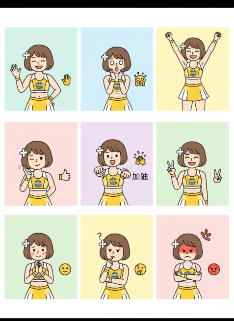 保持人物主体不变，创作一组简笔画风格表情包，搭配一些emoji图标，包含表情不同、姿势不同的九宫格表情包预览效果