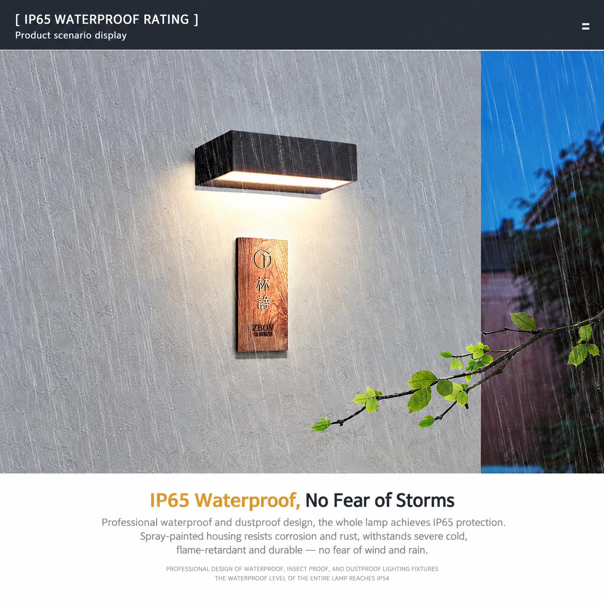 图生图编辑：这是一张 IP65 防水壁灯场景海报（雨夜墙面）。… - 图片创意预览