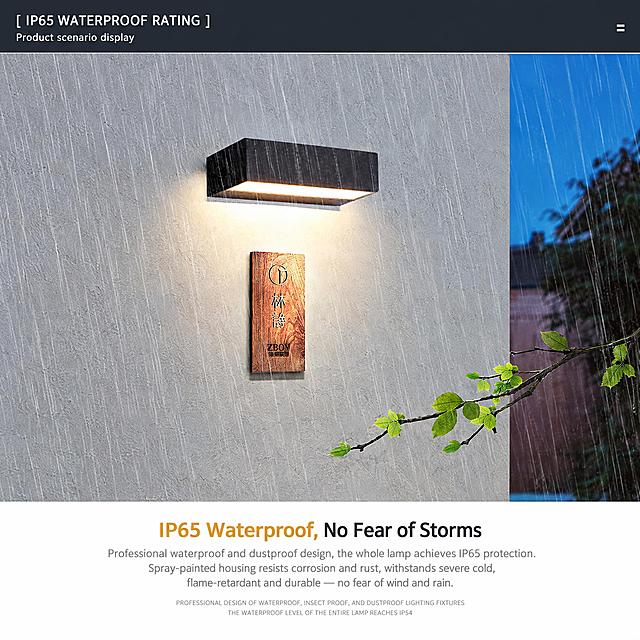 图生图编辑：这是一张 IP65 防水壁灯场景海报（雨夜墙面）。严格遵守——画面中所有视觉元素完全保持原样，不得重绘、美化或改动：壁灯产品、墙面雨丝质感、右侧天空与建筑虚影、绿植、木牌、灯光光晕、构图与视角一律不变；木牌上的品牌标志图形保持原样不动。请完成两件事：1）把画面扩展为 1:1 正方形构图，主体保持原有位置与大小比例，新增区域自然延续原图的墙面质感、雨丝与底部白色文字区，不新增任何物体或装饰；2）把图中所有中文文字替换为对应英文，字号层级、颜色、粗细、位置、对齐方式与原中文完全一致，文字清晰规范、无错别字、无变形，除下列替换外不添加任何其他文字、不改动已有英文。替换内容：顶部"[ IP65级防水系数 ]"→"[ IP65 WATERPROOF RATING ]"；底部标题"IP65级防水系数无惧风雨"→"IP65 Waterproof, No Fear of Storms"；底部两行说明文案替换为："Professional waterproof and dustproof design, the whole lamp achieves IP65 protection. Spray-painted housing resists corrosion and rust, withstands severe cold, flame-retardant and durable — no fear of wind and rain." 保留"Product scenario display"等已有英文不变。