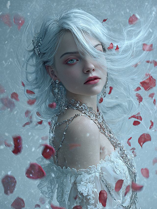 Fantasy Illustration Style (Non-Realistic): Japanese-inspired fantasy, cool-toned gothic, haute couture fashion.
Mysterious, icy elegance, romantic, ethereal, noble. A soft silver-white and icy blue gradient background, suffused with hazy mist and drifting crimson rose petals, creates a surreal atmosphere reminiscent of an icy wonderland or dreamlike garden.
A maiden with silvery-white tresses and heterochromatic eyes (left: blue-green; right: reddish-brown) adorns herself with opulent crystal drop earrings and layered chain necklaces. Clad in an ethereal, sheer off-the-shoulder gown, her ensemble radiates a chillingly enigmatic yet fantastical allure.
Her face is turned slightly towards the camera, head tilted, shoulders exposed, her posture elegant yet slightly aloof, as if frozen in a moment of standing still in the wind or being enveloped by petals.
Her gaze is deep and evocative, lips a pale red and slightly parted, conveying an emotion woven from cool detachment, solitary pride, and a hint of hidden tenderness.
The close-up composition centres on her face and upper body, accentuating the fluidity of her hair, the movement of petals, and intricate jewellery details, while a blurred background heightens the visual impact of the subject.
High-precision digital fantasy illustration style, featuring exquisitely detailed figures with commercial-grade wallpaper quality and artistic expression.
Primary palette of silver-white, ice-blue, pearl-grey and dark crimson, accented with crystalline diamond white and blood-red. Strong light-dark contrasts with natural transitions create a dramatic, dreamlike atmosphere.
Ultra-high resolution with meticulous detail rendering, ideal for mobile wallpapers, cover art, or premium visual projects.
Backlighting combined with diffused soft lighting accentuates translucent hair highlights, delicate skin textures, and jewel reflections. Petal edges feature halos, amplifying sacred and ethereal ambience.
Precise reproduction of fabric's semi-translucent folds, jewellery's faceted structure, hair's layered texture, and iris details within pupils. Ensures harmonious figure proportions, logical lighting behaviour, and authentically refined material textures.

Translated with DeepL.com (free version)