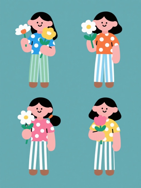 四个不同造型的同系列插画，每个插画中都有一个手持不同花朵的女孩，女孩穿着不同颜色的波点上衣和条纹裤子，背景为纯色，整体风格为扁平插画，色彩鲜艳，线条简洁，人物造型可爱，四个插画呈田字格规整排布。预览效果