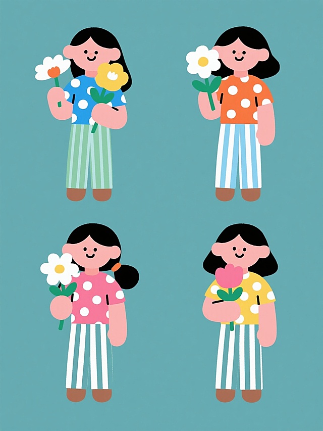 四个不同造型的同系列插画，每个插画中都有一个手持不同花朵的女孩，女孩穿着不同颜色的波点上衣和条纹裤子，背景为纯色，整体风格为扁平插画，色彩鲜艳，线条简洁，人物造型可爱，四个插画呈田字格规整排布。