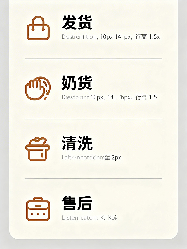 电商售后提示图，比例3:4，浅灰+米白为主色调，奶黑+暖棕为辅助色。三项提示纵向排列，每项为图标+文字左对齐，图标与文字间距10px，文字字号14px，行高1.5，简约浅灰分隔线分隔每项。图标分别为发货、清洗、售后样式，采用暖棕配色。无实物展示，信息清晰直接，氛围温和清晰，延续萌系风格。分辨率2K。
