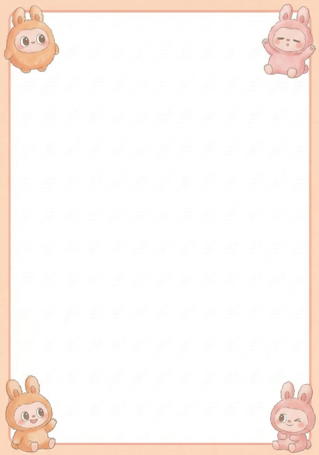 将页面四个角落的卡通形象替换为原创圆润长耳小怪兽形象，修改标志性尖牙、面部比例等与Labubu相似的特征，保持橙粉色系可爱风格，边框颜色不变，中间纯白留白区域保持不变无遮挡预览效果