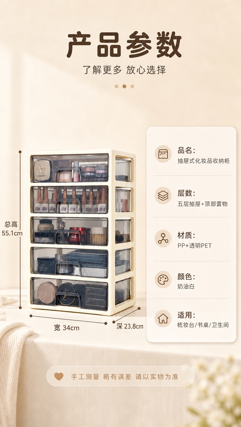 [商品] 使用【图1】奶油白五层抽屉式化妆品收纳柜产品参数页；… - 图片创意预览