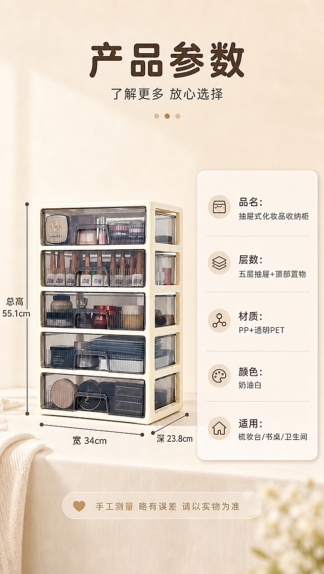 [商品] 使用【图1】奶油白五层抽屉式化妆品收纳柜产品参数页；保留产品外观、五层结构、透明抽屉、奶白色外框，以及右侧参数卡、图标、字体、背景、桌面、毛毯、花朵等所有元素和布局完全不变；仅修改三处尺寸标注的数字。
[画面] 目标：仅修改尺寸数值，其余版式、场景、元素完全保持原样。构图：左图右文完全保留原图布局，产品位置、参数卡位置、图标位置、桌面毛毯花朵位置均不变。景别：全景，与原图一致。背景：与原图完全一致的奶油色渐变背景+桌面+左下角毛毯+右下角花朵。
[视觉] 套系策略：风格=奶油治愈系家居商业摄影；标题字=圆润黑体粗体；正文字=简洁无衬线黑体；主色=奶油米白；背景延展=基于奶油米白做深浅层级、同色渐变和细腻墙面/织物质感；强调色=奶茶棕，仅用于小面积图标、引线和标签；标题色=深咖棕；正文色=暖灰棕；组件=圆角浅底信息卡、细线引线、胶囊标签；光影=左前侧暖柔光，柔和自然阴影。
[文字] 顶部主标题「产品参数」、副标题「了解更多 放心选择」保持不变；左侧高度尺寸标注由「总高 41.5cm」改为「总高 55.1cm」；底部宽度尺寸标注由「宽 25.5cm」改为「宽 34cm」；底部深度尺寸标注由「深 17cm」改为「深 23.8cm」；右侧参数卡所有内容（品名、层数、材质、颜色、适用）全部保持不变；底部「手工测量 略有误差 请以实物为准」及爱心图标保持不变；所有文字字体、字号、颜色、位置与原图一致，全部横排排版。
[规格] 图片比例9:16竖版，4K分辨率，淘宝/天猫详情页风格，仅修改尺寸数字，其余元素完全保留原图；避免变形、错字、文字位置偏移、产品颜色改变、版式变动、场景元素丢失。