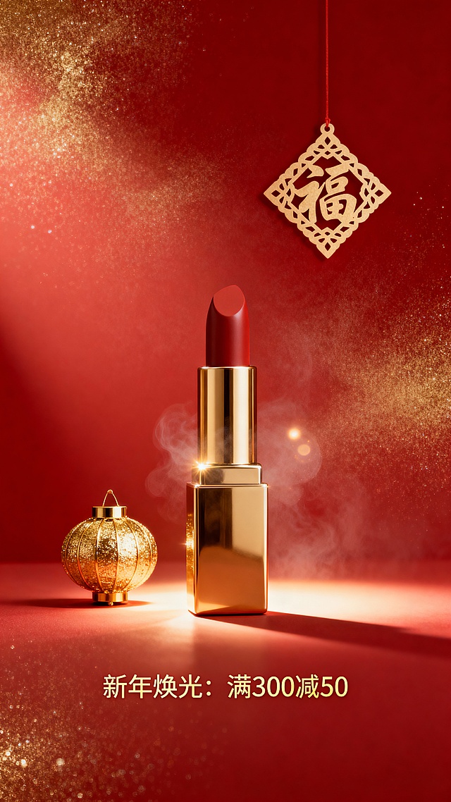 3D重拟物风格，鎏金金属质感唇膏搭配中式福字挂饰与灯笼，红金配色营造奢华喜庆的春节氛围，光影闪耀，尽显东方美学。