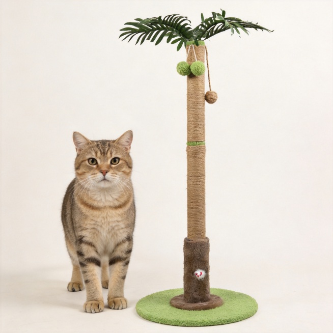 [主图-10] 猫抓柱整体尺寸参照展示图。[氛围风格] 清晰尺寸展示，家居治愈风。[画质] 高清商业摄影，光线柔和自然。[元素] 椰树猫抓柱整体放置在画面中心，旁边站立一只成年猫咪作为尺寸参照，直观展预览效果