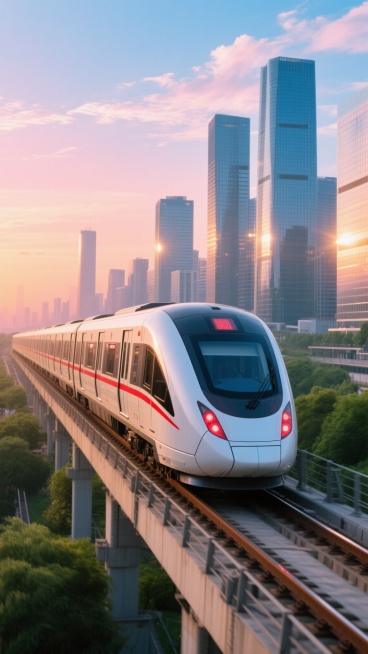 写实风格，清晨或黄昏时分，阳光斜照，天空呈现渐变的蓝色与橙粉色，点缀着少量云彩，现代化的高速列车在高架轨道上行驶，列车主体为银白色，车头流线型设计，前部有红色车灯，车窗为深色，车身侧面有红色线条装饰，轨道旁有绿色植被，背景是现代化的城市天际线，高楼林立，部分建筑为玻璃幕墙，呈现出反光效果，整体画面光影效果强烈，色彩鲜明，具有科技感和速度感，氛围明亮而充满活力。预览效果