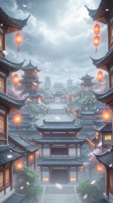 镜头快速拉远，在原图基础上扩展画面，保留原有中式古建筑、红灯笼、花瓣的元素，延续古风朦胧氛围预览效果