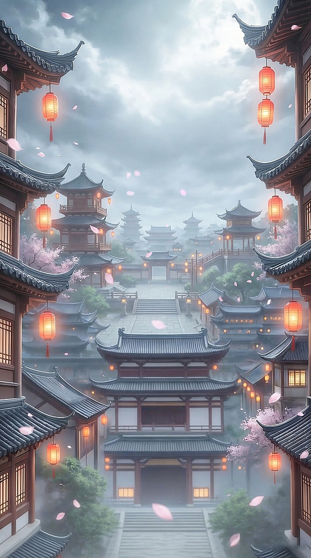 镜头快速拉远，在原图基础上扩展画面，保留原有中式古建筑、红灯笼、花瓣的元素，延续古风朦胧氛围