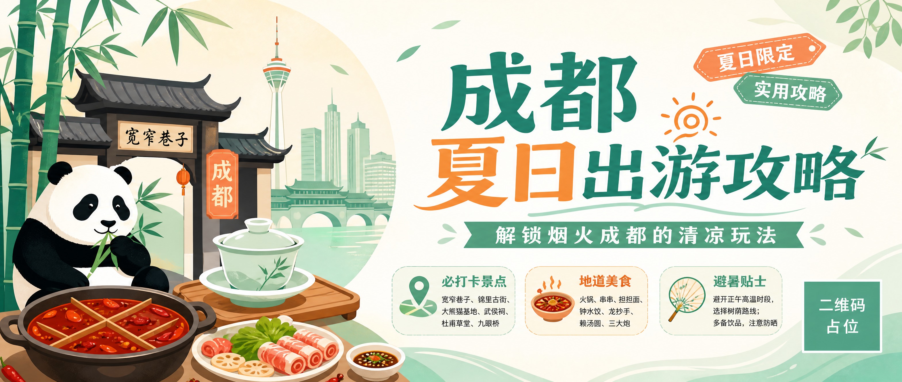 公众号首图，主题为成都夏日出游攻略，风格简约明了。画面采用扁平… - 图片创意预览