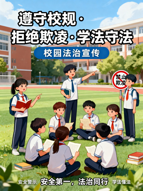校园法治宣传插画，主题是学生遵守校规，拒绝校园欺凌，倡导学法懂法守法，安全警示海报风格，画面明亮清晰，高清300dpi，具有教育意义，构图饱满，整体色调明快正式预览效果