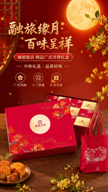 这是一张中秋月饼商品营销海报，采用写实商业摄影，传统国风设计，红金配色。主标题是"融旅缘月·百味呈祥"，副标题是"融旅饭店 精品广式月饼礼盒"，装饰文案是"中秋礼选 · 品质好味"，卖点标签分别是"广预览效果