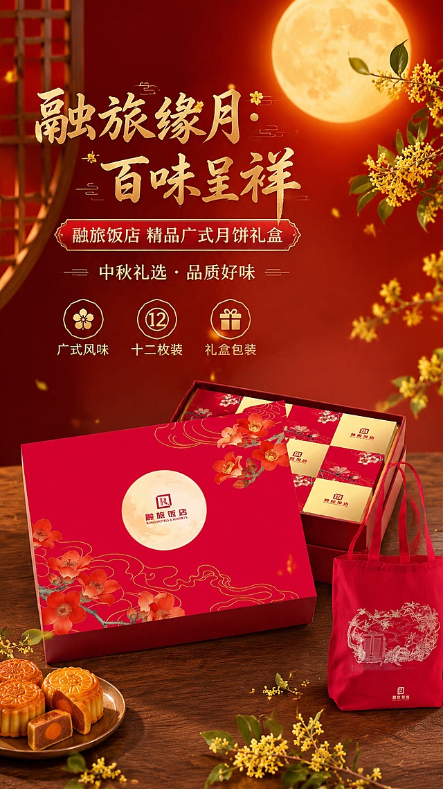 这是一张中秋月饼商品营销海报，采用写实商业摄影，传统国风设计，红金配色。主标题是"融旅缘月·百味呈祥"，副标题是"融旅饭店 精品广式月饼礼盒"，装饰文案是"中秋礼选 · 品质好味"，卖点标签分别是"广式风味"、"十二枚装"、"礼盒包装"。画面主体展示融旅饭店广式月饼礼盒，100% 还原上传商品图的产品外形、包装、LOGO、印刷文字，保持原包装盒型、轮廓、比例、品牌 logo、文字信息不变。产品放置在木质台面上，背景采用中秋渐变红色，点缀金色桂花和中秋圆月元素，顶部自然光，侧前方柔光，整体营造浓厚中秋节日氛围，食欲感强，版面分区清晰，排版精美，文字不遮挡主体，所有文字清晰可读。画面比例为9:16。