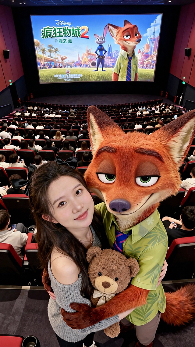 请将图1和图2的人物融合成一张俯拍照，画面构图紧凑，主体相互拥抱，面对镜头，背景为超大电影院坐满了观众，两人背对银幕，银幕显示《疯狂动物城2》电影精美海报填满屏幕