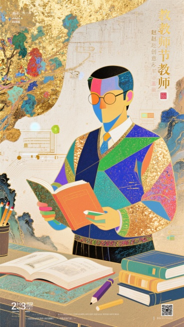 现代创意教师节海报，鲜艳的色彩碰撞，抽象几何图形构成的教师形象，大胆的排版设计，数字化元素与传统教育符号结合，充满活力与朝气预览效果