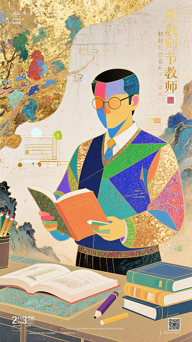 教师节插画，文艺感与国潮风结合，几何拼贴手法，鎏金点缀，展现书香氛围。