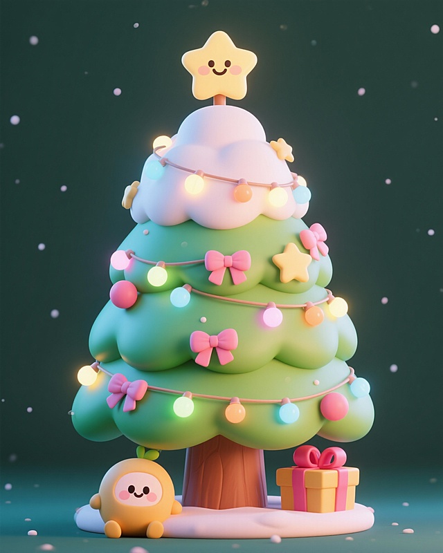 软3D粘土风圣诞树，拟人化笑脸星星与萌趣小黄果相伴，梦幻灯光点缀，营造温馨可爱节日氛围。