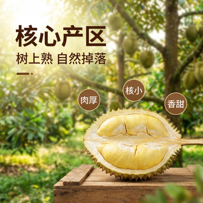 [主图 2 核心亮点溯源]
主图主题：金枕榴莲核心产区品质展示
氛围风格：热带果园氛围感，自然新鲜，阳光充足
画面元素：主体是半块切开带果肉的金枕榴莲，放置在前景视觉中心位置，背景是虚化的泰国热带榴莲预览效果