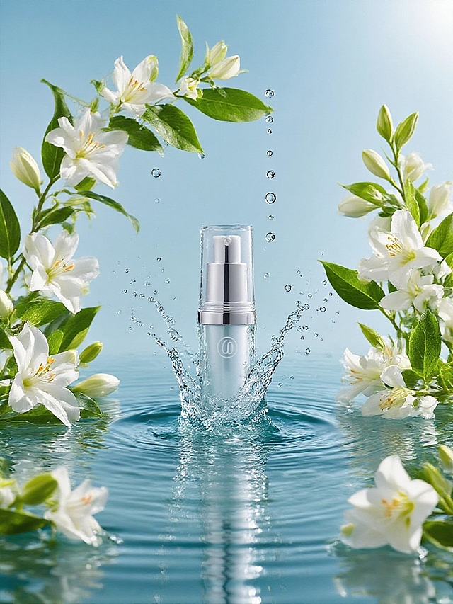 主体置于带水波纹的水面上，周围有白色花朵、绿叶环绕，还有水花飞溅、水波纹及水滴动态效果，背景为浅蓝色，光线明亮