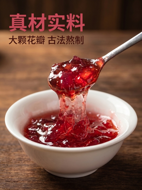 [主图 1] 玫瑰酱首图展示，突出浓稠果酱的诱人食欲。
[氛围风格] 天然食物的真实食欲感，浓郁通透的光泽质感。
[画质] 商业摄影质感、光线柔和通透、产品清晰真实、画面干净高级。
[元素] 保持玫瑰预览效果