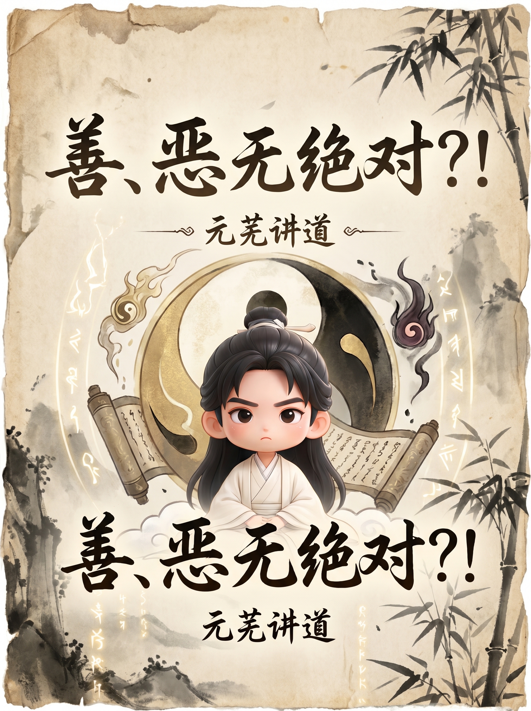基于参考图人物五官，创作Q版IP形象封面，主标题为"善、恶无绝… - 图片创意预览