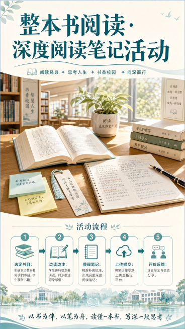 学校整本书阅读深度阅读笔记活动宣传海报，顶部醒目标题文字"整本书阅读·深度阅读笔记活动"，画面中有摊开的书籍和读书笔记，清晰展示活动流程：1.选定书目：明确本次整本书阅读的书目，学生获取书籍；2.边读预览效果