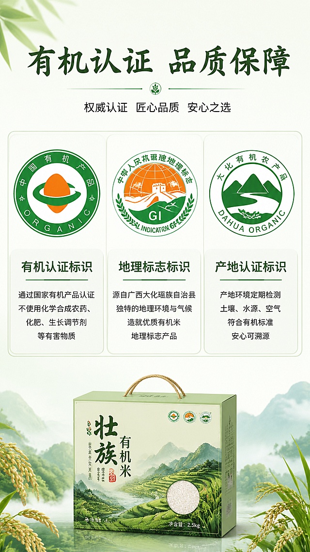 使用商品详情页技能根据商品图「图片1」生成详情页，参考图为，商品名称为壮族有机米，卖点为壮瑶家香”品牌连山有机大米，适配平台为淘宝/天猫，图片比例为9:16，需求屏数为8张，首屏：吸睛海报式大图 + 核心卖点总览；  产品基本信息（名称、规格、产地、保质期等）；  有机认证/资质展示（可用示意图标）；  产地优势（连山自然环境、有机种植等）；  产品实拍展示（多角度）；  食材对比/品质差异说明；  食用建议/烹饪场景/搭配推荐；  品牌故事或企业信息（“乡意浓”品牌简介）；  售后保障/物流说明；  整体排版节奏张弛有度，图文比例适当，信息层级清晰；  色调与海报、主图保持一致，形成统一视觉识别。