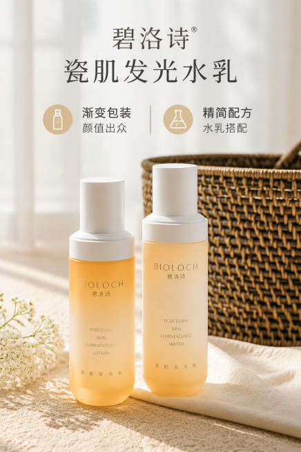 碧洛诗瓷肌发光水乳第一张详情图，尺寸800×1200px，整体自然温馨风格，左侧展示两瓶水乳渐变瓶身，右侧保留编织篮背景，顶部放品牌+产品名称“碧洛诗 瓷肌发光水乳”，下方分两个卖点：“渐变包装 颜值预览效果