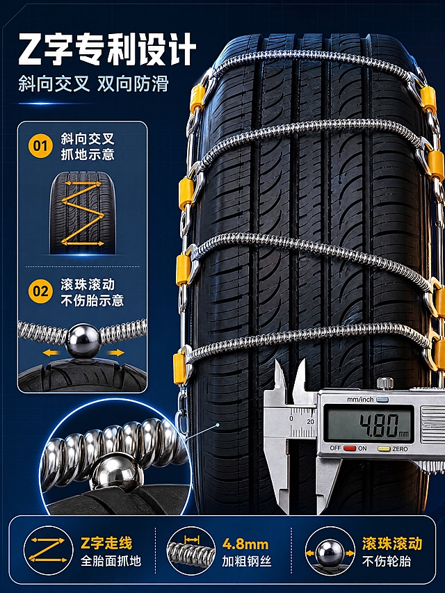 [详情页-第3张] Z字专利防滑钢丝原理页：保持左右分栏信息图版式，主视觉必须是轮胎胎面上的Z字斜跨走线特写，不用雪地实车场景。
[商品] 使用参考图22的走线标准：钢丝以约45度斜线跨过胎面再锐角折回，形成连续Z字母般的之字形覆盖；保留SCC钢丝网链条的黄色塑料卡扣、金属锁扣、螺旋钢丝嵌滚珠结构，颜色为金属银配黄橙卡扣。
[画面] 左文右图：左侧占40%信息区，顶部主标题"Z字专利设计"，下方01斜向交叉抓地示意（用小号轮胎图标画橙色Z字折线）、02滚珠滚动不伤胎示意（小图标画滚珠在钢丝与胎面间滚动）；右侧占60%放轮胎正面特写，胎面正对镜头，Z字斜跨走线清晰占满画面，右下角叠放数显卡尺实拍，读数约4.8毫米，左下角叠放一个圆形局部放大框展示滚珠。
[视觉] 套系策略：风格=深空蓝科技理性风；标题字=现代无衬线粗黑体；正文字=简洁无衬线体；主色=深空蓝；背景延展=深蓝渐变加细网格科技纹理；强调色=安全橙黄，仅用于图标、数字引线和标签；标题色=白色；正文色=浅灰蓝；组件=圆角浅色信息卡、细引线、编号圆点；光影=冷蓝主光加橙黄强调光，金属高光清晰。
[文字] 主标题"Z字专利设计"，副标题"斜向交叉 双向防滑"，信息点三个："Z字走线 全胎面抓地""4.8mm加粗钢丝""滚珠滚动 不伤轮胎"，全部横排，文字放在左侧卡片和底部信息条内，不遮挡右侧胎面走线。
[规格] 比例3:4竖版，4K分辨率，胎面Z字走线必须清晰可辨认；禁止雪地实车场景、横向平铺链条、螺旋线圈作为主体、链条悬浮、错字、文字过小、变形、水印、平台Logo。