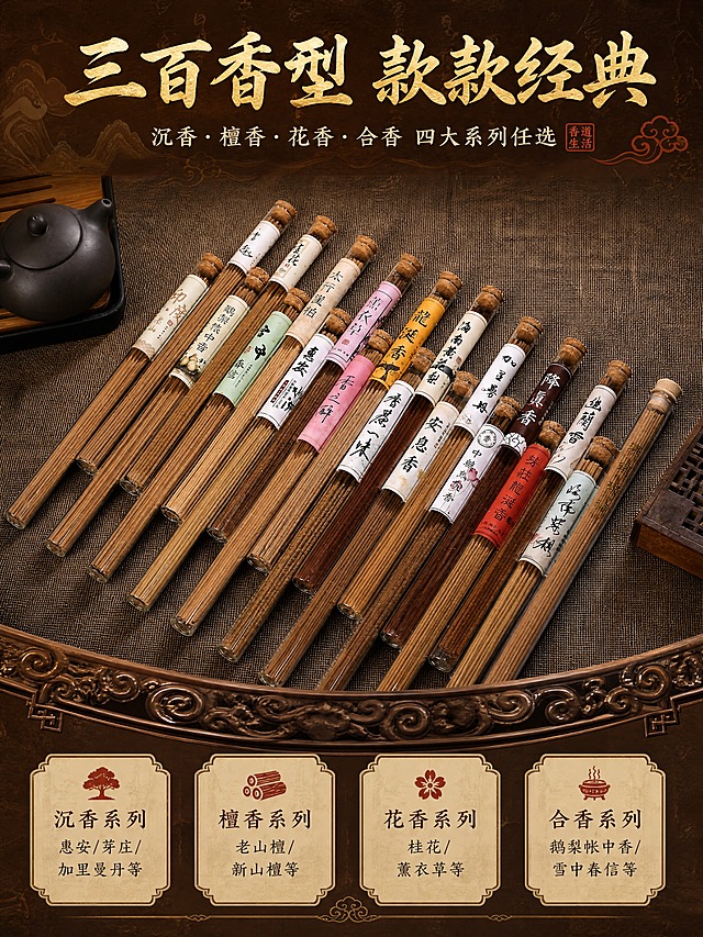 [商品] 使用【图3】多管线香全家福图；商品处理：保留全部玻璃管线香的包装形态、软木塞、各款标签文字与颜色（香趣、桂花、龙涎香、惠安水沉、安息香、鹅梨帐中香、加里曼丹、海南紫棋、印度老山等），保留左侧紫砂壶道具，增强产品排列的整齐度与质感。
[画面] 目标：产品全家福，展示丰富香型矩阵，体现300+款选择。构图：上中下布局，顶部标题区占15%，中部产品大图占60%（产品斜向排列铺满画面），底部香型分类标签栏占25%。阅读动线：从上到下，先看标题再看产品阵列最后看分类。前中后景：前景中式装饰条，中景产品全家福大图，后景麻布质感+深棕渐变底。
[视觉] 套系策略：风格=新中式禅意国风，雅致古朴高级感；标题字=宋体书法体，飘逸大气；正文字=简洁宋体/楷体，端正清雅；主色=深棕褐色（#5C3A21）；背景延展=基于深棕褐色做深浅渐变、同色系山水祥云暗纹、宣纸做旧质感；强调色=朱砂红（#B8352E），仅用于印章、标签点缀、重点字；标题色=米金色（#D4B87A）；正文色=浅米黄（#E8DCC0）；组件=中式回纹边框、分类标签卡、仿古分隔线、祥云装饰；光影=暖调顶光，突出每款香管的标签色彩与玻璃通透感，整体暖棕色调统一。
[文字] 顶部主标题"三百香型 款款经典"（8字，米金色），副标题"沉香·檀香·花香·合香 四大系列任选"（14字，浅米黄）；底部4个分类卡片横排：沉香系列（惠安/芽庄/加里曼丹等）、檀香系列（老山檀/新山檀等）、花香系列（桂花/薰衣草等）、合香系列（鹅梨帐中香/雪中春信等）。文字全部横排。
[规格] 图片比例3:4竖版，4K，负向提示：避免产品变形、标签文字错乱、冷蓝色调、现代极简风格、二维码、极限词。
