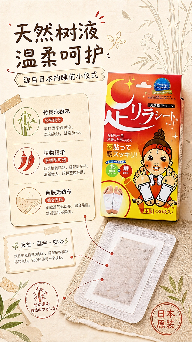 [商品] 使用【图1】唐辛子红盒足贴与单枚足贴贴片；保留包装盒结构、颜色、卡通插画、日文品名、竹树液粉末+唐辛子成分图标等包装文字与图案，不做改写；将足贴贴片从盒中取出平放，展示贴敷面与材质。
[画面] 目标：成分与原理解析页，讲清竹树液+植物精华的天然温和属性。构图：左文右图，右侧为产品与足贴贴片，左侧为成分信息卡与引线说明。景别：中景+微距结合。阅读动线：从左标题读到成分，再落到右侧产品。前中后景：背景为暖米和纸纹理+淡淡的手绘植物线稿；中景为产品与贴片；前景为和纸胶带、手绘叶子、小印章装饰。
[视觉] 套系策略：风格=日系杂志手帐风，暖米白和纸底，手绘线条+胶带+印章+便签元素，柔和治愈；标题字=日系手写黑体（圆角、略带笔触感）；正文字=纤细日系黑体；主色=暖米杏；背景延展=基于暖米杏做深浅层级、同色渐变和和纸/麻布纹理；强调色=朱砂红，仅用于小面积印章、引线、重点标签和标题点缀；标题色=深棕褐；正文色=暖灰棕；组件=和纸胶带条、圆角便签卡、手绘细线引线、圆形印章、胶带角贴；光影=左上侧暖柔光，柔和漫射，阴影轻淡。
[文字] 左上主标题："天然树液 温柔呵护"；副标题："源自日本的睡前小仪式"；用手绘细线引线从足贴贴片引出3个横排信息点："竹树液粉末 经典成分"、"植物精华 多香型可选"、"亲肤无纺布 贴合足底"；右下角小印章写"日本原装"；所有文字横排，不遮挡产品主视觉。
[规格] 图片比例9:16竖版，4K，负向提示：避免变形、错字、文字过小、冷蓝灰背景、包装文字错乱、医疗功效承诺、绝对化用语、二维码、平台Logo。