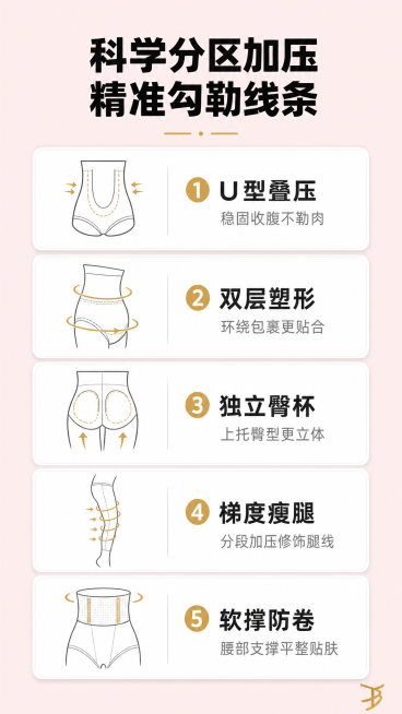 [第3屏] 收腹提臀裤五大核心卖点功能解析。
[氛围/风格] 专业功能展示，简约清晰排版，科技感浅底设计，商业信息图质感。
[元素布局] 顶部放置大标题，下方竖向排列五大卖点信息卡片，每个卡片包含图标预览效果