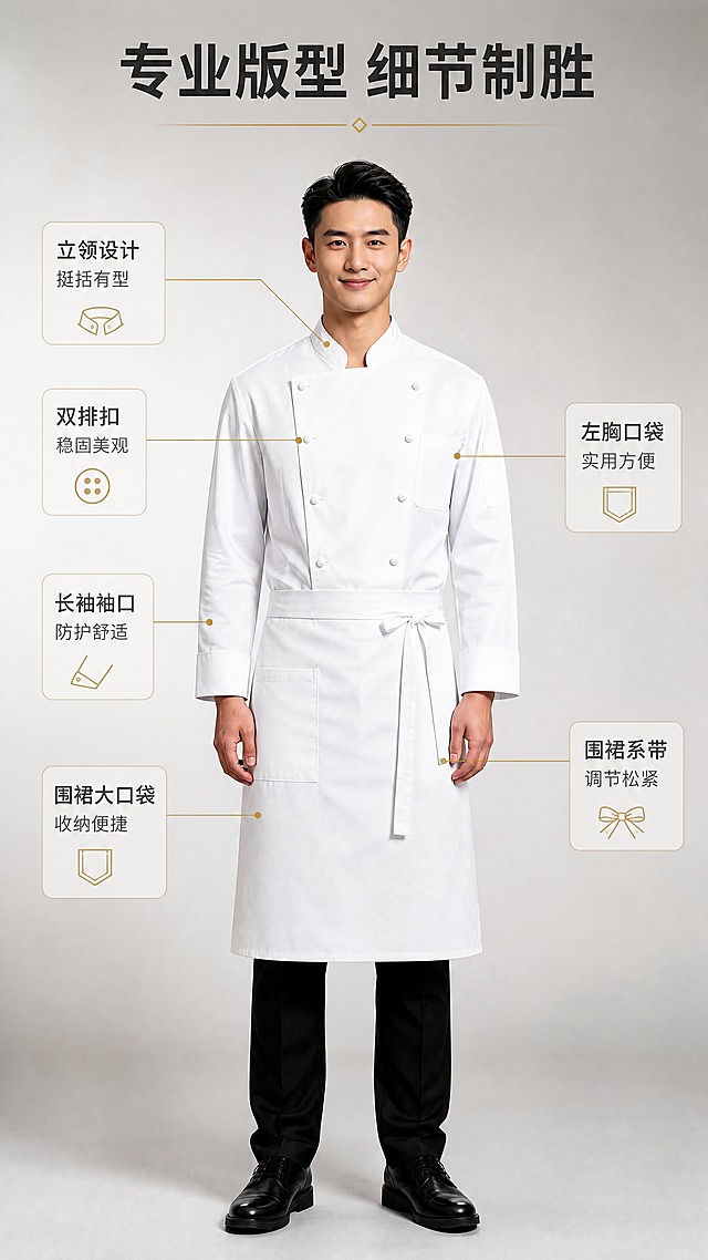 [商品] 使用【图1】男士白色长袖双排扣立领厨师服+白色围裙套装；商品处理：保留立领、双排扣、长袖、左胸口袋、围裙口袋、围裙系带、白色和挺括面料；自然去皱，增强面料纹理、缝线、纽扣质感，不改变版型结构。
[画面] 目标解析版型结构，竖版9:16，厨师正面全身位于画面中央，占画面60%，从各关键部位引出细线标注，背景为浅灰色渐变+柔和阴影，突出服装结构线条。
[视觉] 套系策略：风格=高端酒店商业摄影；标题字=现代简约粗黑体；正文字=简洁无衬线体；主色=纯净白；背景延展=暖金色调、深木色、大理石纹理的高级餐饮空间；强调色=香槟金，仅用于小面积图标、引线和装饰线条；标题色=深炭灰；正文色=中暖灰；组件=圆角浅底信息卡、细线引线；光影=柔和正面光，清晰展示版型结构。
[文字] 顶部主标题「专业版型 细节制胜」，从立领、双排扣、长袖袖口、左胸口袋、围裙口袋、围裙系带6个部位引出引线标注，每个标注写结构+体验：立领设计/挺括有型、双排扣/稳固美观、长袖袖口/防护舒适、左胸口袋/实用方便、围裙大口袋/收纳便捷、围裙系带/调节松紧。
[规格] 图片比例9:16竖版，4K分辨率，避免变形、错字、文字过小、冷蓝背景、衣服颜色改变、版型失真。