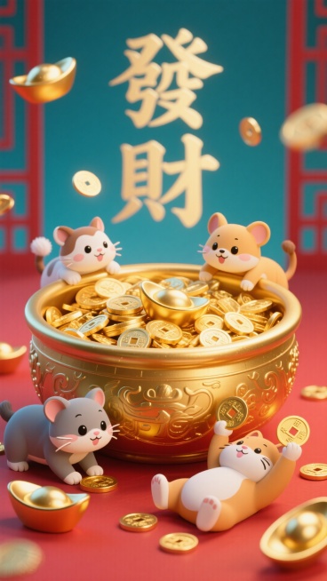 “發財” 半隐在聚宝盆后方（仅露出上半部分字体），盆中堆满发光元宝，四只小动物围在盆口，有的探进盆里扒元宝，有的趴在盆沿，有的在盆底仰卧，手里举着铜钱，彩色 + 金色 + 红色配色预览效果