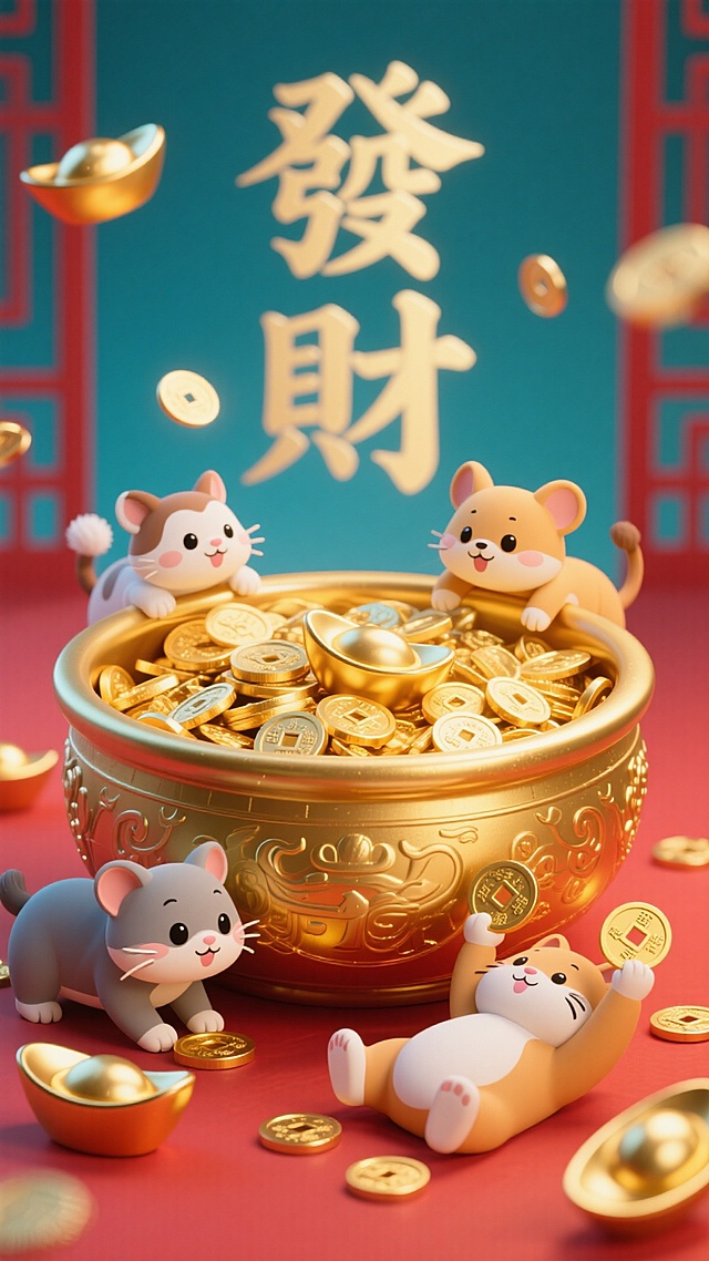 “發財” 半隐在聚宝盆后方（仅露出上半部分字体），盆中堆满发光元宝，四只小动物围在盆口，有的探进盆里扒元宝，有的趴在盆沿，有的在盆底仰卧，手里举着铜钱，彩色 + 金色 + 红色配色