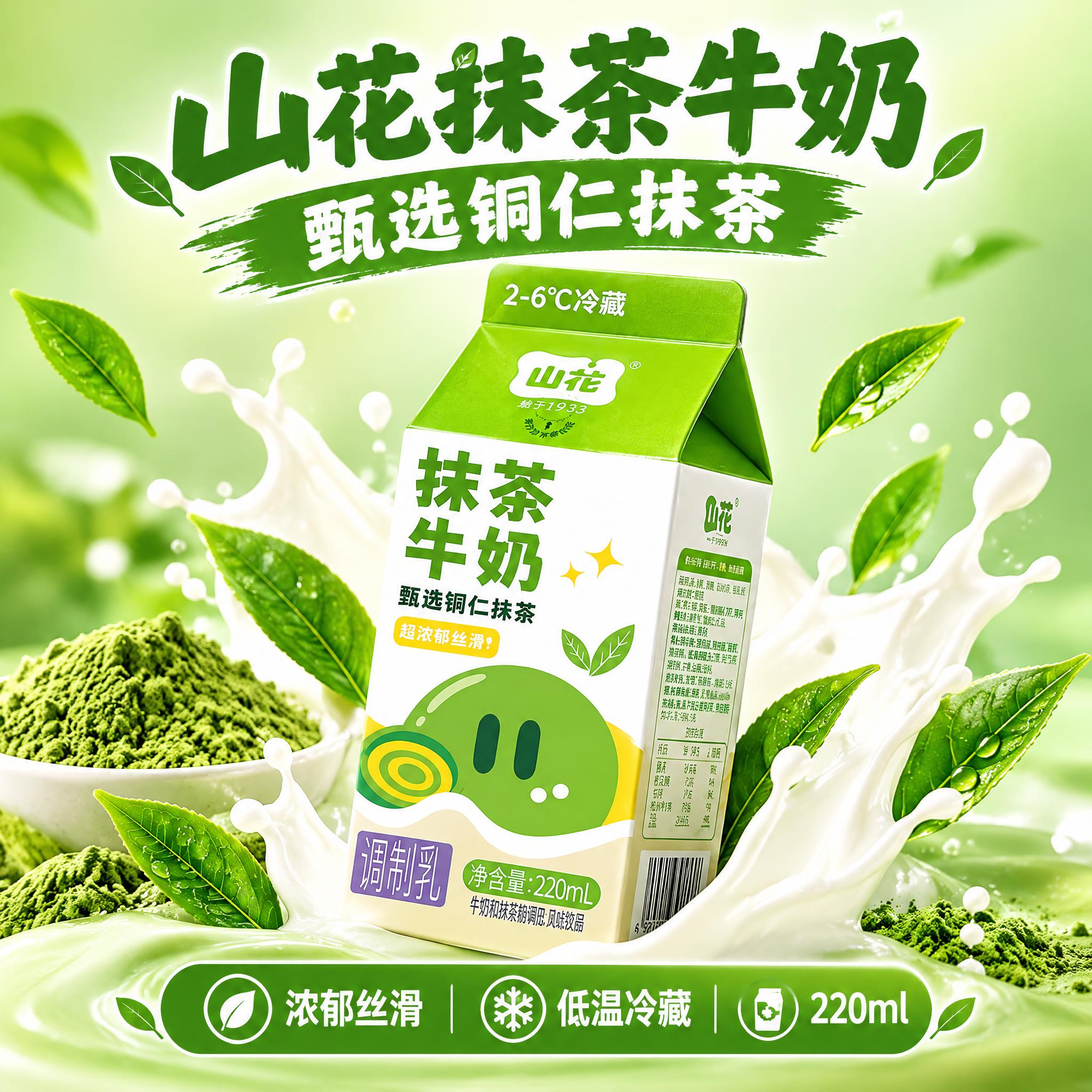 淘宝天猫电商主图，1:1正方形，山花抹茶牛奶产品主图，产品居中… - 图片创意预览