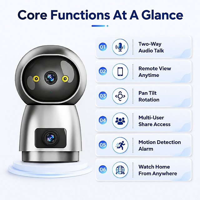 [第3屏] 核心卖点总览 - Key Features Overview。本屏使用【图1】产品图辅助展示。
[氛围/风格] 简约科技卡片风，通透层次感，真实客观展示。
[元素布局] 顶部标题，左侧放置产品主体占比约40%，右侧分六个卖点卡片排列，每个卡片一个核心卖点。产品结构颜色和输入产品图保持一致。
[光影质感] 整体均匀柔光，卡片带轻微阴影，产品轮廓清晰。
[配色色系] 全局底色 #F7F8FA，主色深蓝标题文字，辅助色浅蓝卡片，灰色边框，点缀蓝渐变。
[视角构图] 左右分栏构图，左产品右卖点，阅读流畅自然。
[文字版式] 顶部主标题 "Core Functions At A Glance"，六个卖点分别为：1. Two-Way Audio Talk 2. Remote View Anytime 3. Pan Tilt Rotation 4. Multi-User Share Access 5. Motion Detection Alarm 6. Watch Home From Anywhere。每个卖点文字带浅描边和柔和阴影，重点功能名称加粗突出，清晰易读。
[比例分辨率] 1:1 方图比例，4K分辨率，文字清晰可辨，高清画质。
[负向提示词] product deformation, wrong structure, text garbled, text too small, watermark, Chinese characters