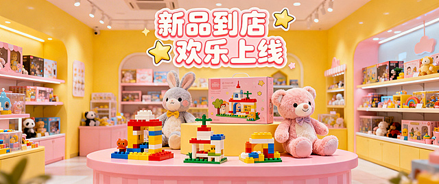 玩具店轮播图第1张，主题为新品上市。画面主体是摆放着新款积木、毛绒玩偶的展示台，背景是明亮的马卡龙色玩具店内饰，顶部有醒目的圆润字体文字“新品到店 欢乐上线”，搭配可爱的星星装饰，整体风格活泼童趣，暖黄与浅粉配色，视觉冲击力强