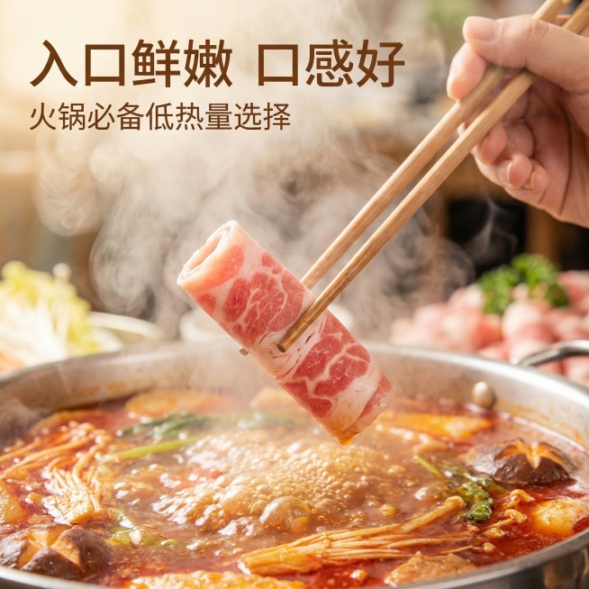 [主图 4 食用场景代入] 第一人称视角展示火锅涮煮场景，夹着本次风味羊肉卷准备下锅，背景是沸腾的红汤火锅，蒸汽腾腾营造食欲氛围，主体羊肉卷保持原图外观100%一致，风格光影和前3张统一。主标题文字预览效果