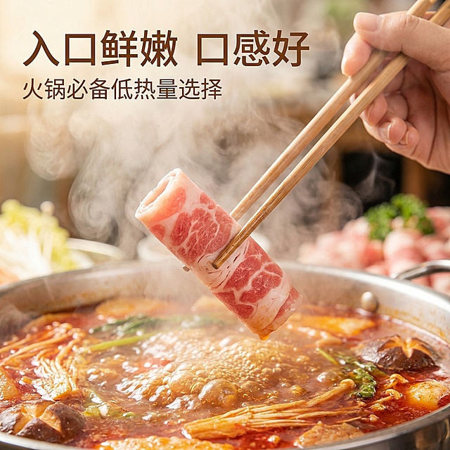 [主图 4 食用场景代入] 第一人称视角展示火锅涮煮场景，夹着本次风味羊肉卷准备下锅，背景是沸腾的红汤火锅，蒸汽腾腾营造食欲氛围，主体羊肉卷保持原图外观100%一致，风格光影和前3张统一。主标题文字 "入口鲜嫩 口感好" 在左上角，副标题 "火锅必备低热量选择"，文字悬浮不遮挡主体，自然暖调，增强场景代入感，2k分辨率。