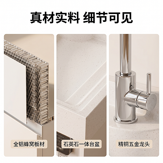 [主图 3] 阳台洗衣柜材质细节展示图。
[氛围风格] 现代简约温馨居家风，和全套主图保持一致风格；
[画质] 商业摄影质感、光线柔和通透、产品清晰真实、画面干净高级。
[元素] 全屏放大展示核心材质细节，分为三宫格布局，分别展示全铝蜂窝板材切面、石英石台面纹理、五金水龙头细节。每格都清晰展示材质真实质感，保持产品材质和原产品一致。三宫格排布均匀，画面满屏无边框。
[光影] 和主图1保持一致的自然光线方向，整体光影统一，每个细节都光照均匀清晰。
[配色] 保持全套统一的白+原木棕配色，干净明亮。
[视角构图] 每个宫格都是特写微距视角，清晰展示材质纹理。
[文字版式] 顶部主标题「真材实料 细节可见」黑色粗体最大号，每个宫格左下角标注对应材质名称：「全铝蜂窝板材」「石英石一体台盆」「精铜五金龙头」，文字浅色背景衬托，清晰易读不遮挡纹理。
[比例分辨率] 1:1比例，2k分辨率，文字清晰锐利，画面超高清。
[负向提示词] 变形，水印，文字错乱，产品图模糊，背景杂乱，遮挡主体，光影不统一。