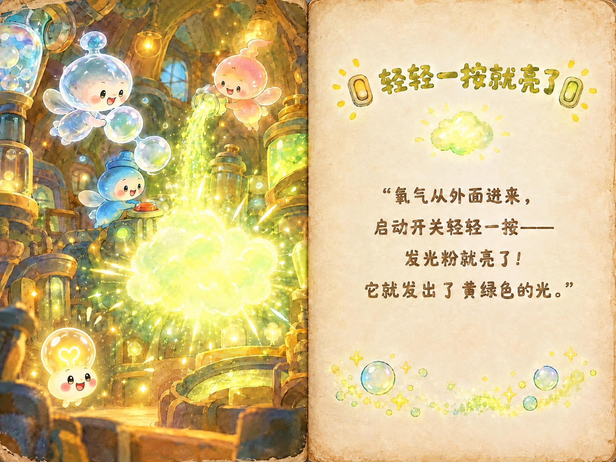 儿童绘本故事跨页（轻轻一按就亮了），横版左图右文布局。右图标题… - 图片创意预览