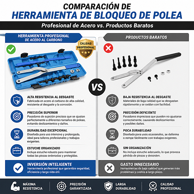 Gráfico de comparación de herramienta de bloqueo de polea, comparar esta herramienta de acero profesional vs productos baratos, resaltar ventajas de resistencia al desgaste, precisión y durabilidad, texto en español