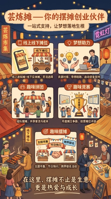 延续‘芸炼摊’开业海报风格（暖色调、夜市烟火气、真实人物摆摊场景、手写体标题、生活化插画感），创作一张平台介绍内容海报。主标题：‘芸炼摊——你的摆摊创业伙伴’；副标题：‘一站式支持，让梦想落地生根’；预览效果