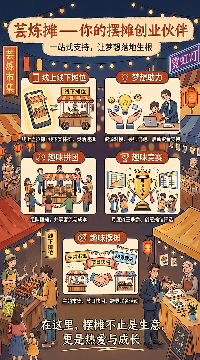 延续‘芸炼摊’开业海报风格（暖色调、夜市烟火气、真实人物摆摊场景、手写体标题、生活化插画感），创作一张平台介绍内容海报。主标题：‘芸炼摊——你的摆摊创业伙伴’；副标题：‘一站式支持，让梦想落地生根’；主体分5个模块以图标+短文案形式呈现：1）线上线下摊位：线上虚拟摊+线下实体摊，灵活选择；2）梦想助力：资源对接、导师陪跑、启动资金支持；3）趣味拼团：组队摆摊，共享客流与成本；4）趣味竞赛：月度摊王争霸、创意摊位评选；5）趣味摆摊：主题市集、节日快闪、跨界联名活动；底部加标语：‘在这里，摆摊不止是生意，更是热爱与成长’；画面融入原风格人物（小老板、白领会、大学生、宝妈等）与摊位元素（烤串、柠檬茶、手作、文创），保持温馨热血调性。