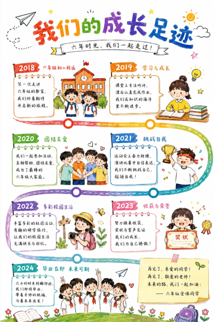 小学六年级毕业纪念册成长足迹页，参考图片风格，白底手绘风，时间轴设计展示年级成长历程，尺寸A4 210*297mm预览效果